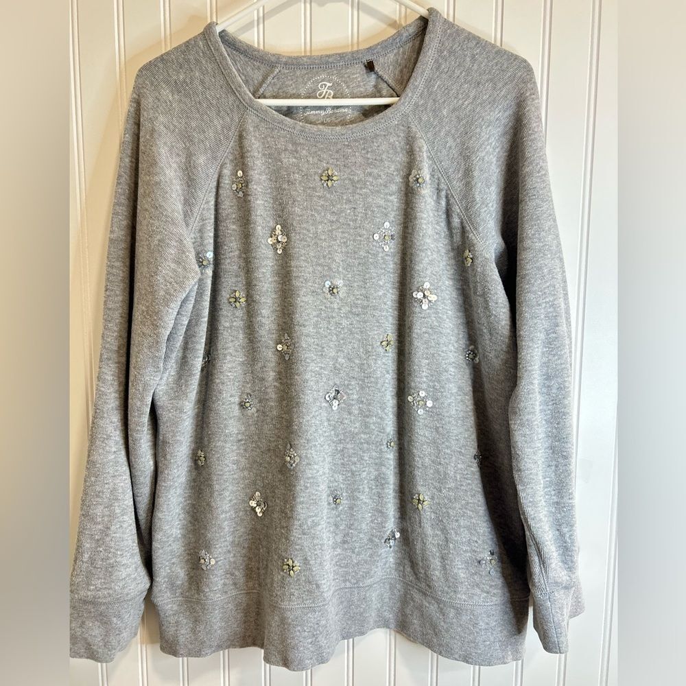 Tommy Bahama women Gray Embellished Crew Neck Sweater. Size L 98% COTTON. .
